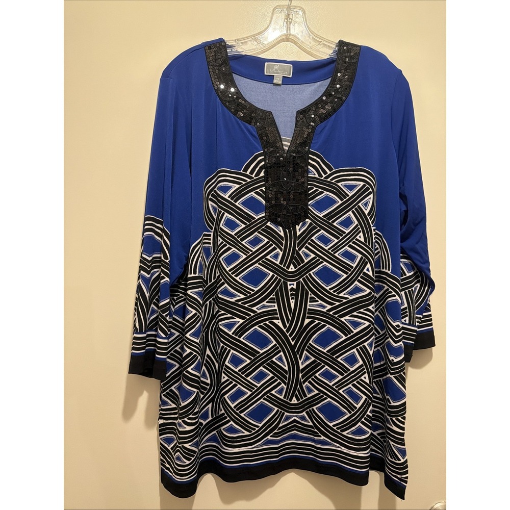 JM Collection Blue Geometric Print Sequin Neck Tunic Women's 1X